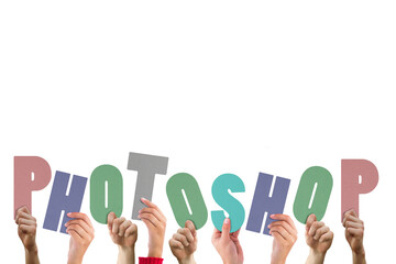 Colorful alphabet spelling photoshop held up by people 