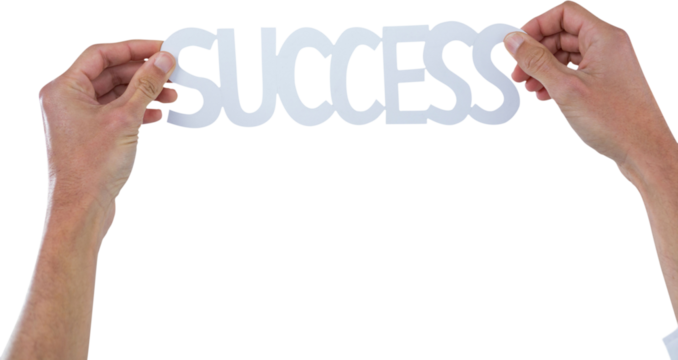 Cropped hand of businessman holding success text