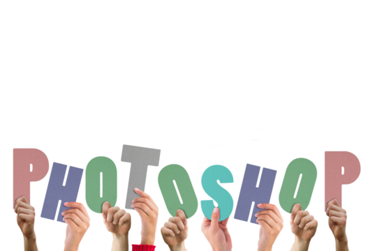 Colorful alphabet spelling photoshop held up by people 