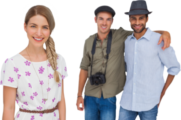 Pretty woman smiling with her friends behind her