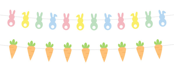 Hanging Easter bunnies and carrots garlands, vector illustration