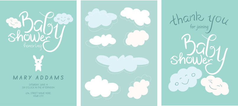 Baby shower invitation templates set. Honoring mommy to be. Invitation and thank you cards with lettering, hand drawn clouds and a cute white bunny. Vector art - Powered by Adobe