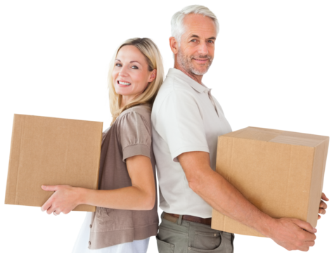Portrait of couple standing with cardboard box