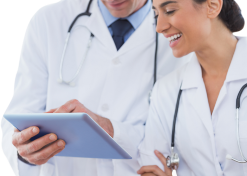 Happy doctors looking at clipboard - Powered by Adobe