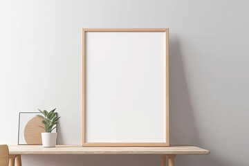 Empty picture frame mockup on wooden desk, table. Scandinavian interior design. Ai generative