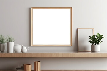Obraz na płótnie Canvas Empty picture frame mockup on wooden desk, table. Scandinavian interior design. Ai generative