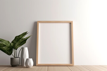 Empty picture frame mockup on wooden desk, table. Scandinavian interior design. Ai generative