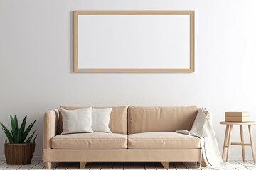 Empty picture frame mockup on a beige sofa.Scandinavian interior design. Ai generative