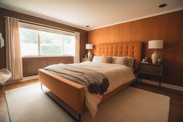Mid century style bedroom design. Ai generative