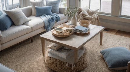 A serene coastal living room with beachy accents, woven rattan furniture, and natural fibers decor in Pottery Barn style, Created with generative Ai Technology.