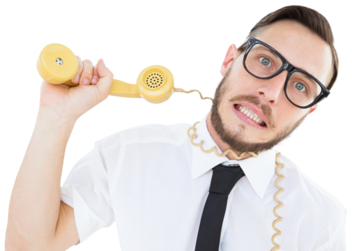 Geeky businessman being strangled by phone cord