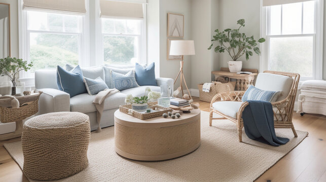 A serene coastal living room with beachy accents, woven rattan furniture, and natural fibers decor in Pottery Barn style, Created with generative Ai Technology.
