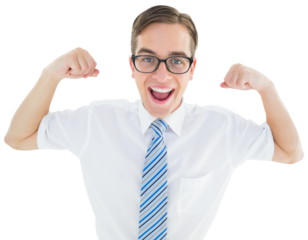 Geeky happy businessman flexing biceps