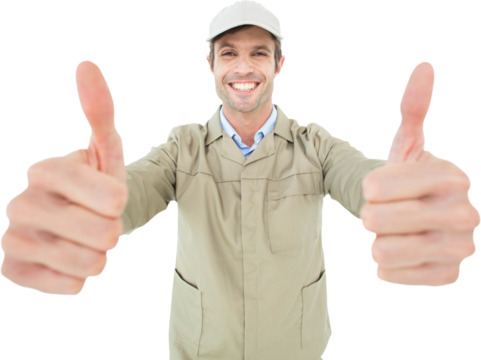 Happy delivery man showing thumbs up
