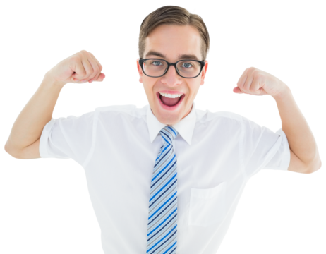 Geeky happy businessman flexing biceps - Powered by Adobe