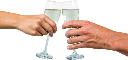 Cropped hand of couple holding champagne flute - obrazy, fototapety, plakaty