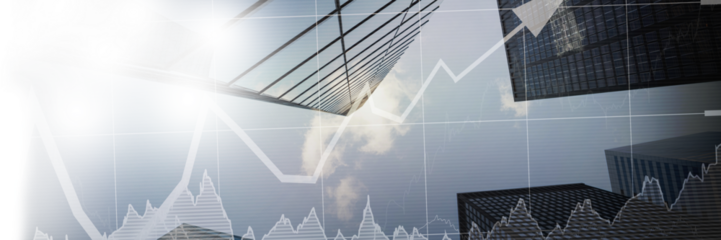 Double exposure of office buildings and line graph