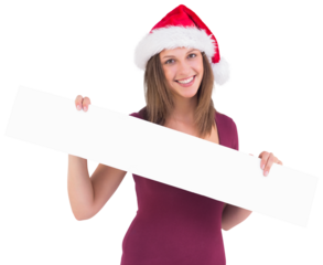 Festive brunette in santa hat showing a blank banner