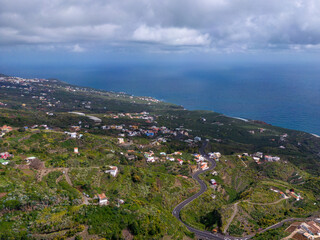 Aerial View at Green Volcanic Hills near Los Sauces at La Palma Island, Canary Islands, Spain. 