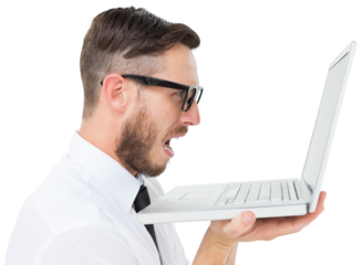 Geeky frustrated businessman looking at his laptop