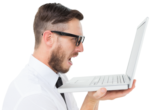 Geeky frustrated businessman looking at his laptop - Powered by Adobe