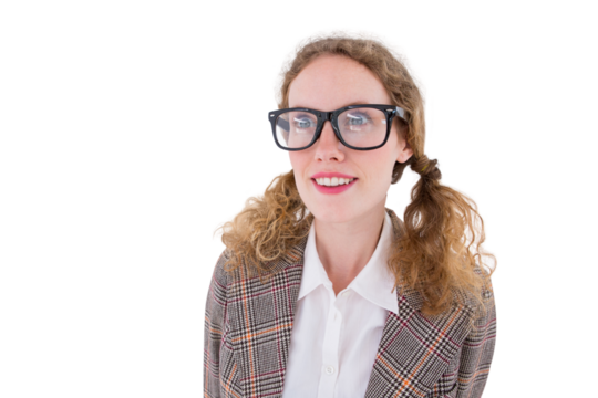 smiling  geeky hipster girl looking at something