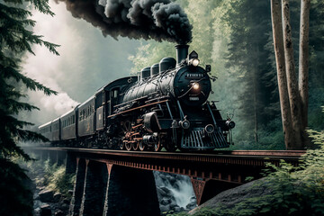 A vintage train rides the rails on a bridge letting off steam, a retro trip overlooking a green forest. Generative AI - obrazy, fototapety, plakaty