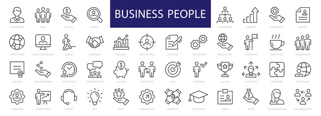 Fototapeta na wymiar Business People & Teamwork thin line icons. Business people editable stroke icon. Businessman, Businesswoman, Management, Teamwork, Headhunting symbols. Vector illustration