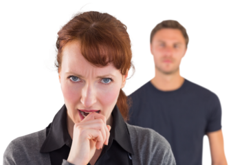 Worried woman with man behind