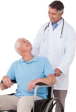 Doctor pushing senior patient in wheelchair
