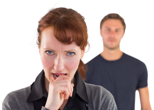 Worried woman with man behind