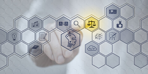 Symbole photo pour la droite lors de l'utilisation de l'intelligence artificielle - ai. L'homme en photo en arrière-plan sélectionne des symboles en pointant les doigts.