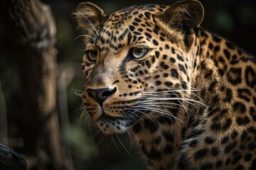 Fototapeta na wymiar Persian leopard, Panthera pardus saxicolor, in a portrait perched on a branch. Generative AI