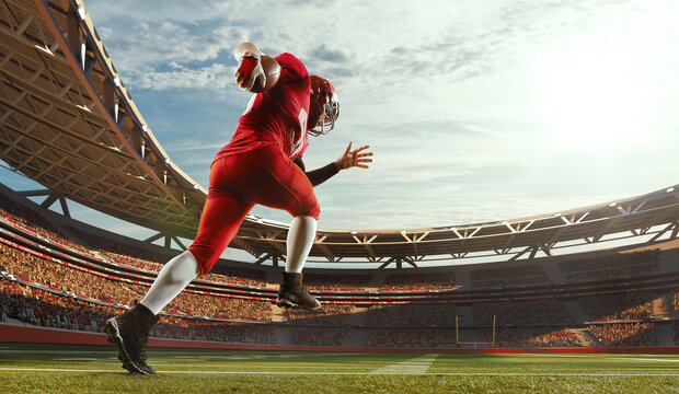 Dynamic image of male american football player in sports equipment at 3D model of stadium in motion. Collage, poster