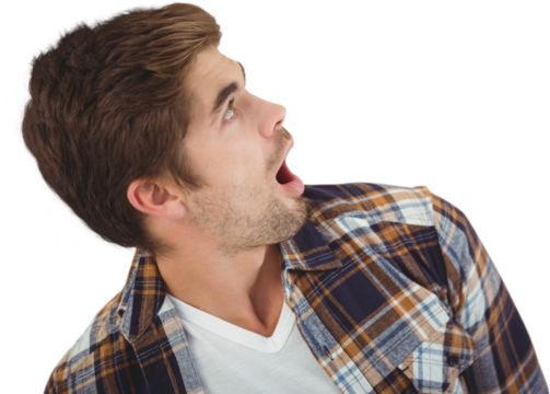 Shocked hipster looking up