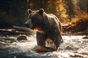 Fototapeten A bear in a river with a log in the water. AI generated. © Rodrigo