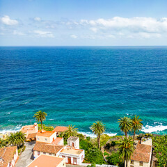 Aerial View at San Andres village near Los Sauces at northeast of La Palma Island. Green Volcanic Hills, and the Coast of the Atlantic Ocean. Canary Islands, Spain. 