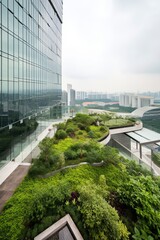 Plakat Generative AI illustration of Gorgeous garden on the rooftop of a contemporary glass office building in Asia