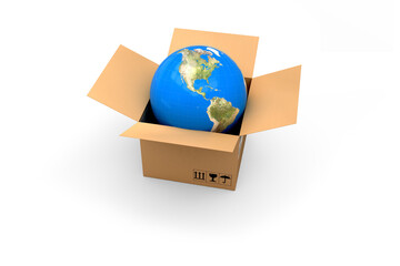 Digital composite image of globe in cardboard box