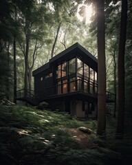 A modern house in forest perfect for isolated vacation or just a peaceful relax in the connection with nature. Modern architecture. Generative Ai.