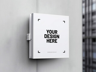 White square signboard mockup in outside for logo design, brand presentation for companies, ad, advertising, shops.