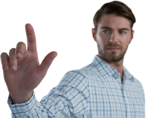 Man pretending to touch an invisible screen