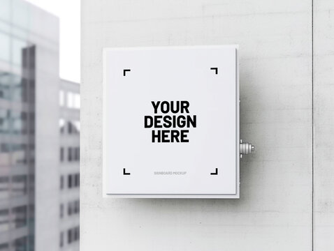 White square signboard mockup in outside for logo design, brand presentation for companies, ad, advertising, shops.