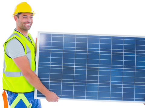 Handyman in protective clothing carrying solar panel