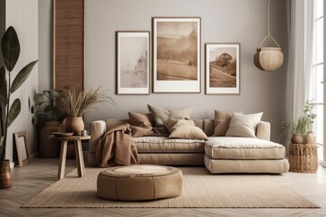 Mock up poster frame, beige modular couch, brown cushions, book, boho stool, partition wall, plant in basket, and accessories in living room. Furnishings. Template. Generative AI
