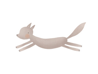 Cute Little Running Dog. Lovely Nursery Vector Art with Sweet Gray Wolf on a White Background. Hand Drawn Cartoon Woodland Animal Print ideal for Card, Wall Art, Poster, Greetings. 