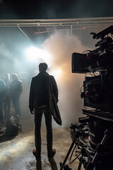 Behind the Scenes, movie production stage, cameras, equipment, studio lights, cameraman, director, actors silhouette, smoke. AI generated art