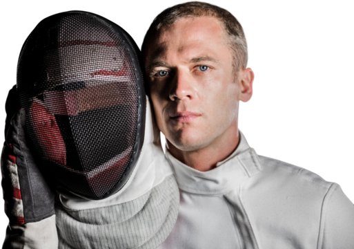 Close-up of swordsman holding fencing mask - Powered by Adobe