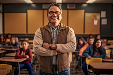 Fototapeta premium A man stands in a classroom with his arms crossed in front of him. AI generated.
