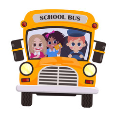 A cartoon of cute children riding on a school bus